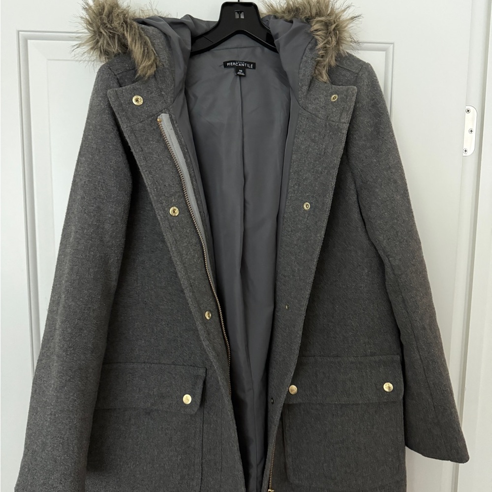 J. Crew Heather Gray wool blend parka jacket w/faux fur hood. Size: 10.